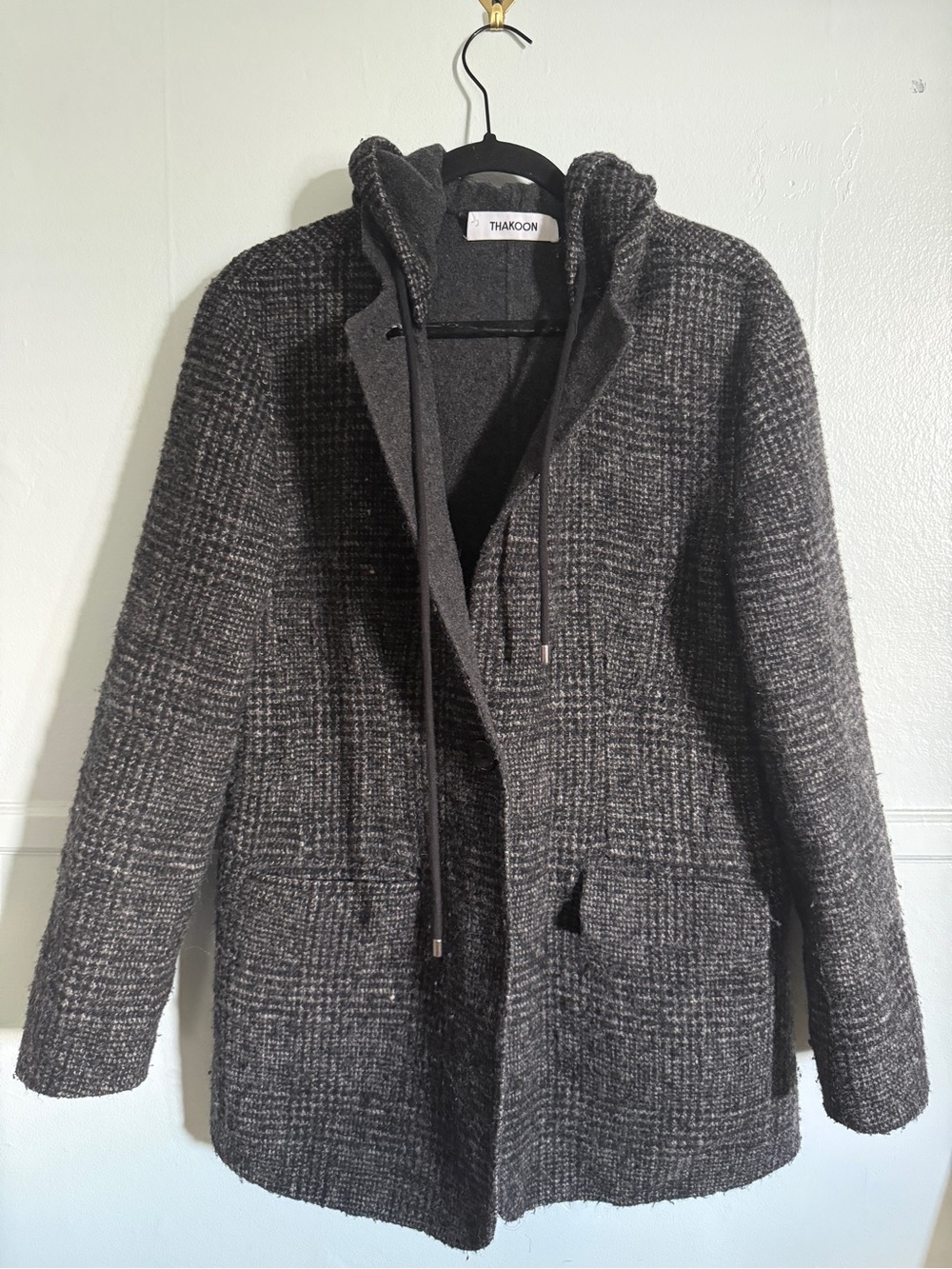 Thakoon Women's Charcoal Plaid Wool Blend Hooded Coat